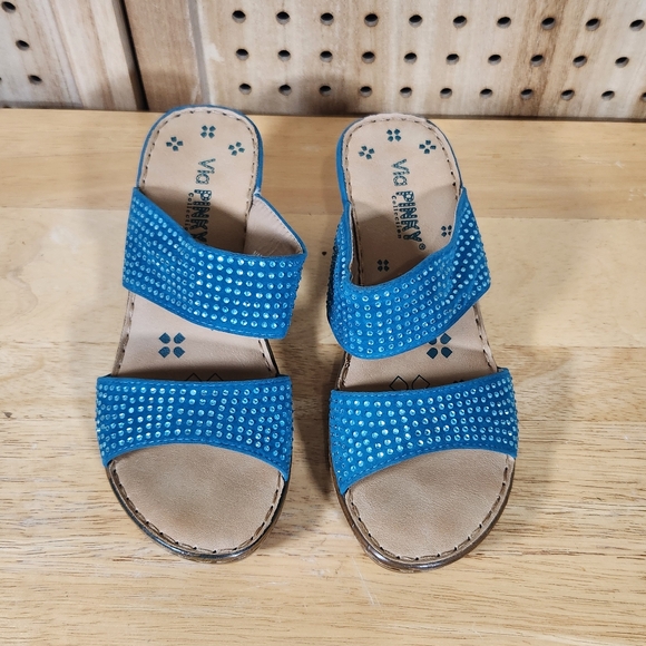 Via Pinky Shoes - Via Pinky Rhinestone Slides Wedge Sandals Blue Sparkle Summer Shoes